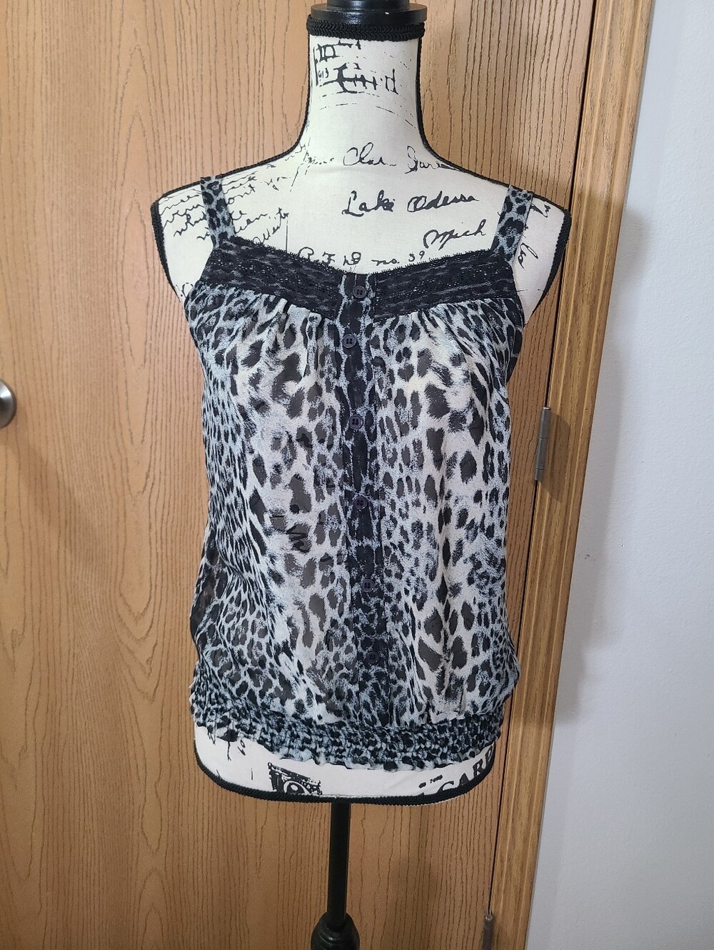 Kirra Ruched Hem Sheer Chiffon Leopard Print Lace Button Tank Top